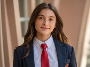 A young woman wears a red tie to bring awareness to bleeding disorders, which are often underdiagnosed in girls.
